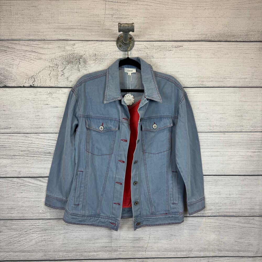 Oddy Women's Blue Jean Pink Heart Back Basic Denim Jacket Size Small